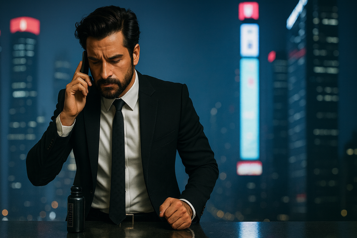 A serious businessman in a black suit speaks on his phone at night, standing before a blurred city skyline with blue and red lights reflecting off a dark surface.